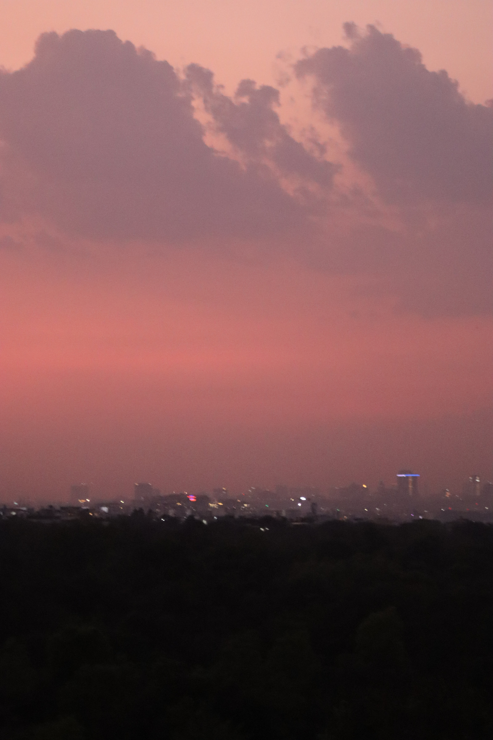 A city skyline is silhouetted against a deep pink and orange twilight sky.